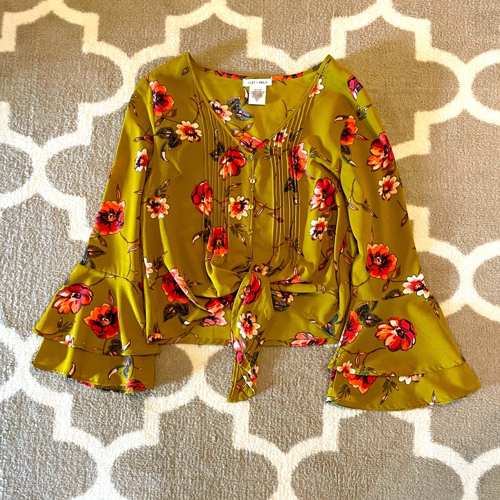 Miley + Molly Floral Cropped Tie Top with Flare Sleeves